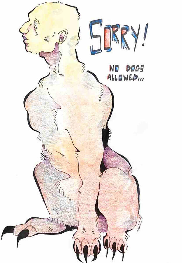 no dogs allowed, 2023. gel pen &amp; colored pencil on sketchbook paper.